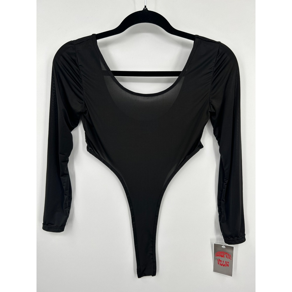 Black High Cut Long Sleeve Bodice Mesh Sleeve Bodysuit Small - Picture 10 of 10